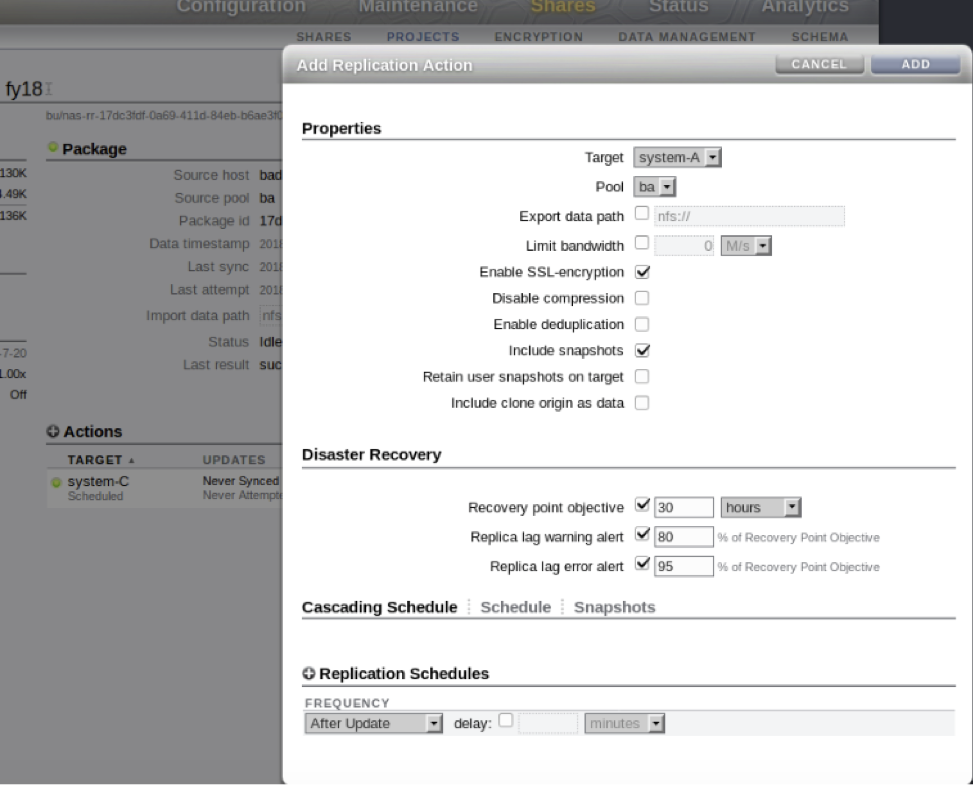 Image of creating an action under a replication package using the BUI