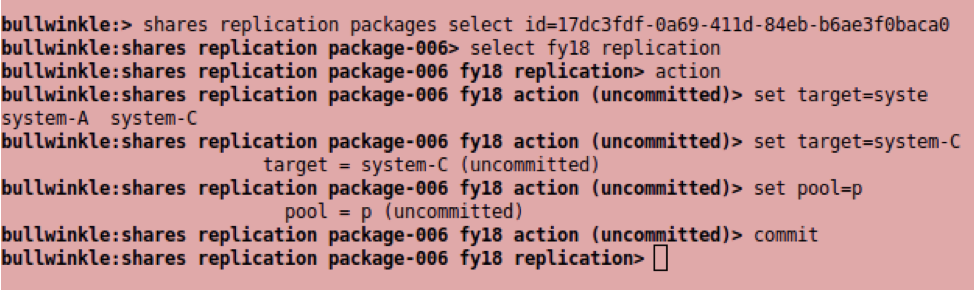 Image of creating an action under a replication package using the CLI