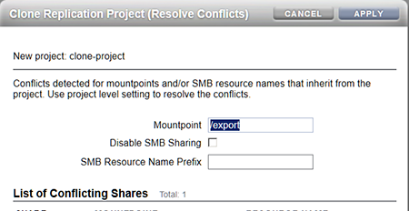 Screenshot of Clone Replication Project Resolve Conflicts options