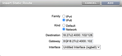 Insert Static Route dialog box with IPv6 example