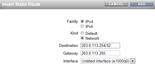 Insert Static Route dialog box with IPv4 example