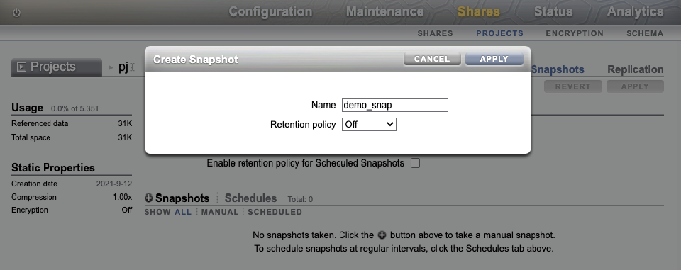 Image of Create Snapshot dialog box popped up over BUI Shares Snapshots page, with fields for snapshot name and retention policy.