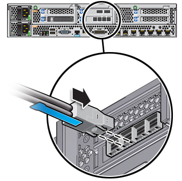 This graphic shows Attaching a Mini-SAS Cable to a Horizontally Oriented HBA