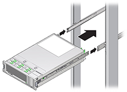 Graphic showing how to insert the server with mounting brackets into the slide-rails.