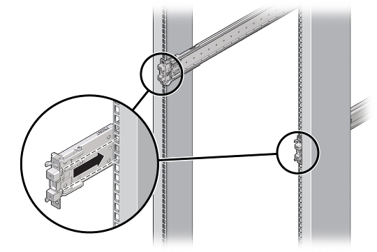 Graphic showing the slide rail mounting pins locking into the rack mounting holes