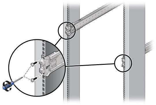 Graphic showing the mounting bracket installed on the rack post.