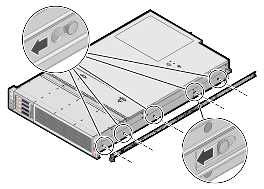 Graphic showing mounting bracket aligned with server chassis locating pins.