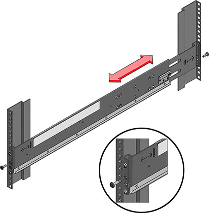 Graphic showing the rack slide rail being expanded to fit the rack and front and back screw locations