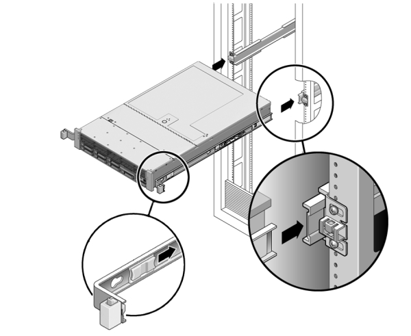 Graphic showing how to insert the chassis mounting brackets onto the slide rails