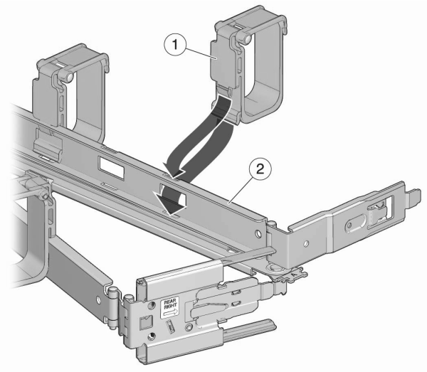 Graphic showing how to install the hook and loop straps to the cable management arm
