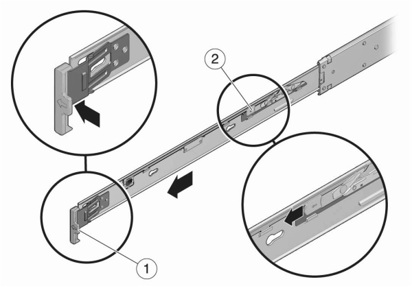 Graphic showing how to remove the mounting bracket from the slide rail for the Sun ZFS Storage 7420 controller