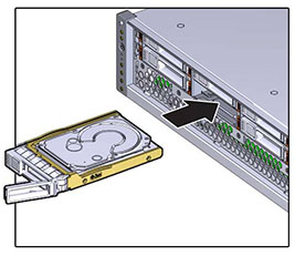 Graphic showing how to insert an Oracle ZFS Storage ZS3-2 controller disk drive