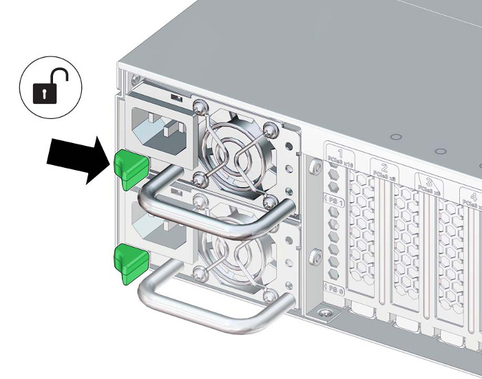 The illustration shows releasing the tab and pulling the power supply.