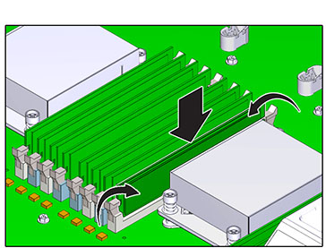 Graphic showing how to install an Oracle ZFS Storage ZS3-2 controller DIMM into its slot