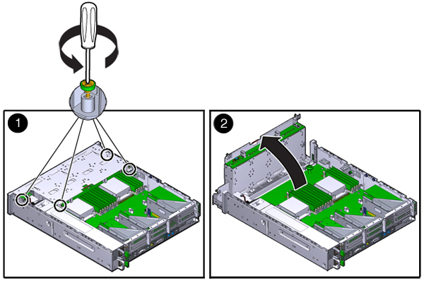 Graphic showing how to loosen and lift the Oracle ZFS Storage ZS3-2 controller drive cage