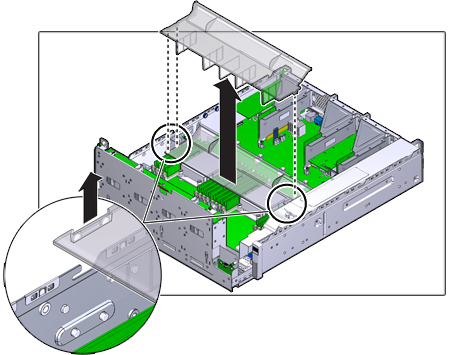 Graphic showing how to remove the Oracle ZFS Storage ZS3-2 controller air duct
