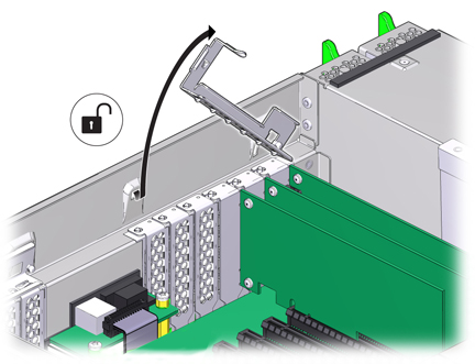 An illustration showing how to open the PCIe lock bar.