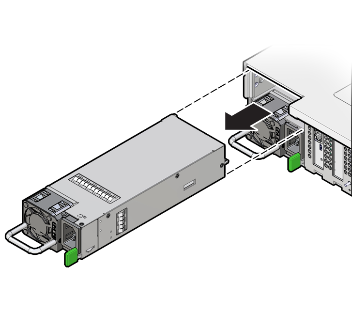 Figure showing a power supply being removed from the controller. Specifically shows the location of the power supply latch.