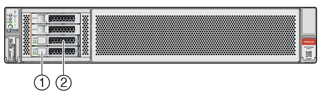 Figure showing the Oracle ZFS Storage ZS11-2 front panel components. Figure showing the Oracle ZFS Storage ZS11-2 front panel components.