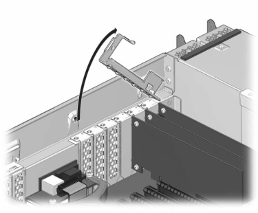 Graphic showing how to disengage the Sun ZFS Storage 7420 controller PCIe card slot crossbar