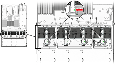 Graphic showing the Sun ZFS Storage 7120 or Sun ZFS Storage 7320 controller fan modules and status indicators Graphic showing the Sun ZFS Storage 7120 or Sun ZFS Storage 7320 controller fan modules and status indicators