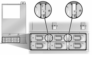 Graphic showing the Sun ZFS Storage 7420 controller fan modules and status indicators Graphic showing the Sun ZFS Storage 7420 controller fan modules and status indicators