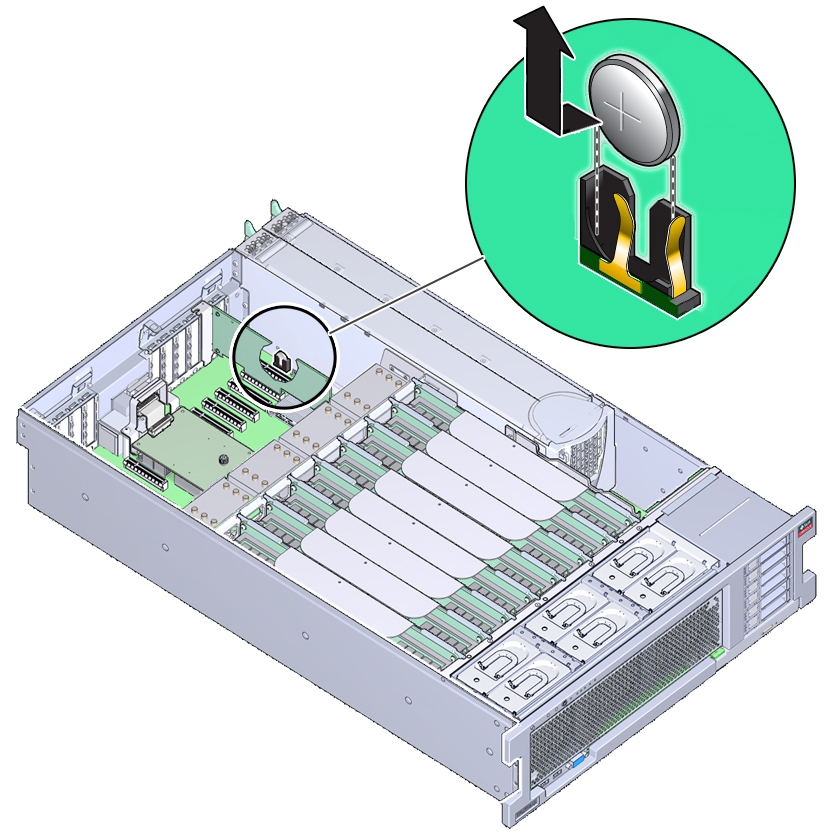 An illustration showing how to remove the system battery.