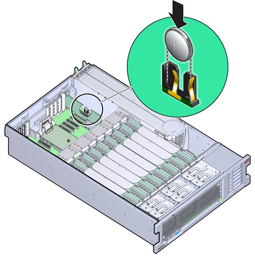 An illustration showing how to install the system battery.