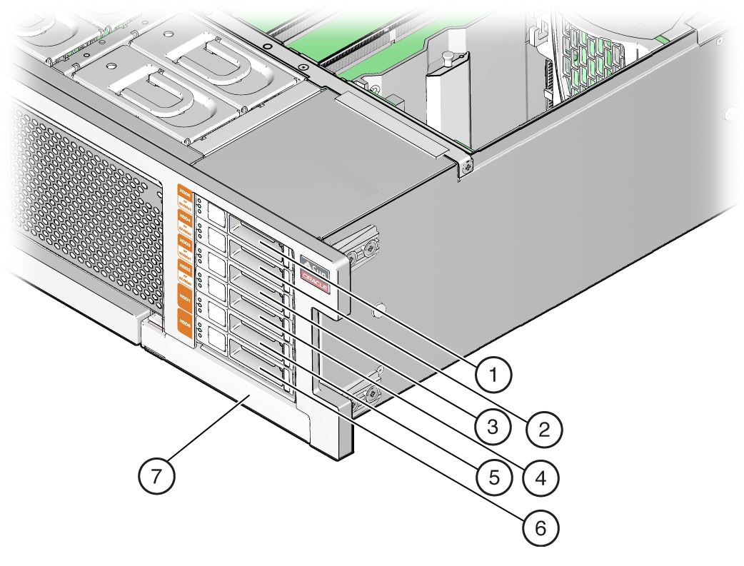 An illustration showing the location and designation of the DVD, Storage drives, and USBs. An illustration showing the location and designation of the DVD, Storage drives, and USBs.