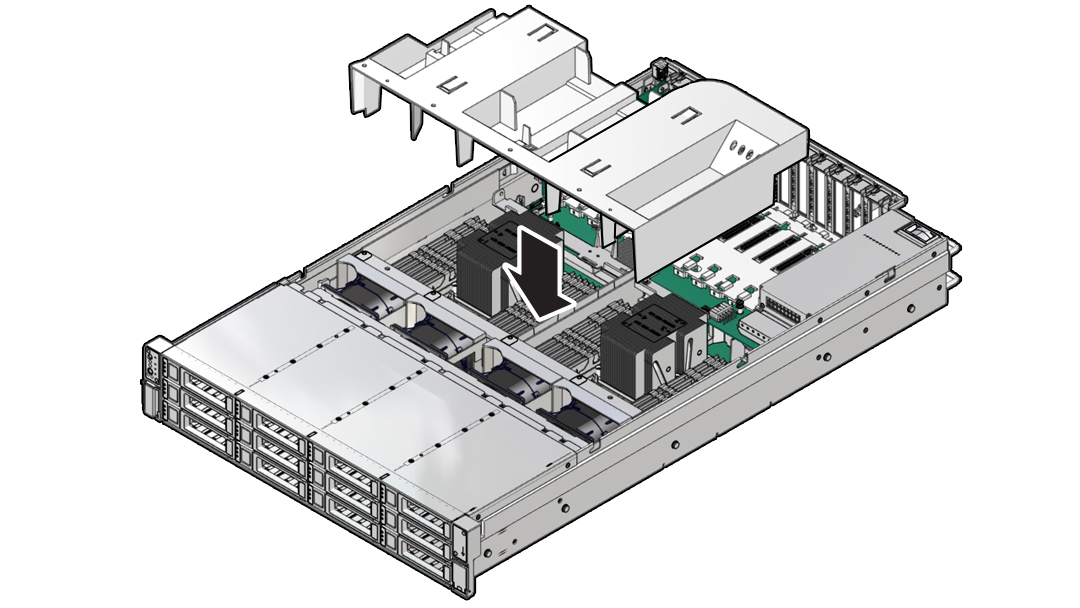 Figure showing the air baffle being lowered into its inserted position.