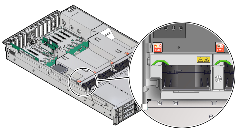 Figure showing the location of fan modules and associated status indicators. Figure showing the location of fan modules and associated status indicators.