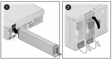 Graphic showing how to install an Oracle ZFS Storage ZS3-4 controller power supply