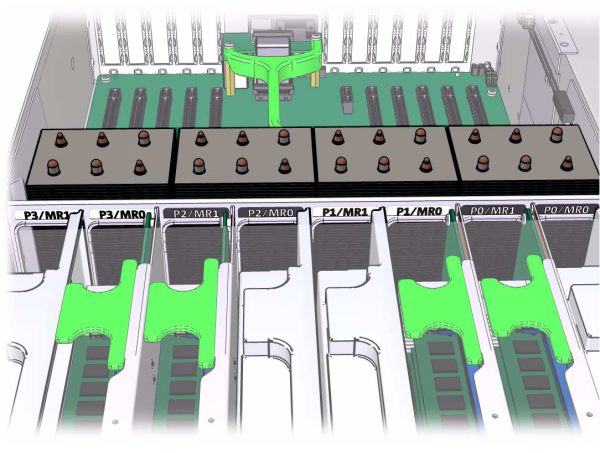 Graphic showing the Oracle ZFS Storage ZS3-4 controller DIMM risers