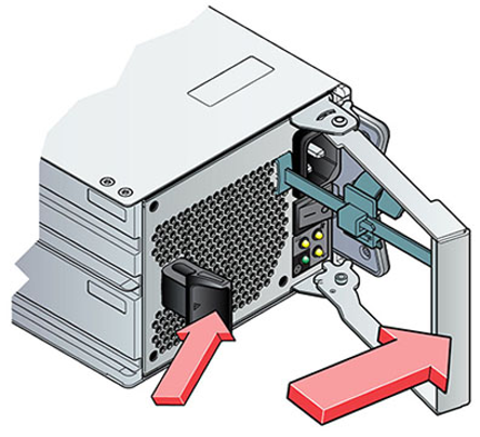 Graphic showing how to remove an Oracle Storage Drive Enclosure DE2-24 or Oracle Storage Drive Enclosure DE3-12C disk shelf power supply module