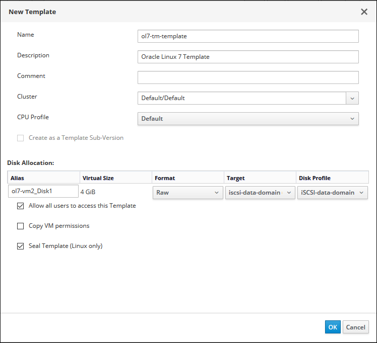 The New Template dialog box completed for a new template, as described in the preceding text.