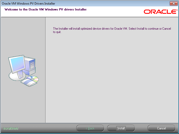 This figure shows the initial install window. The buttons available are Back, Install and Cancel.
