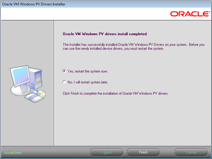 This figure shows the Installation complete window. Options on this window are: Yes, restart the system now and No, I will restart system later.