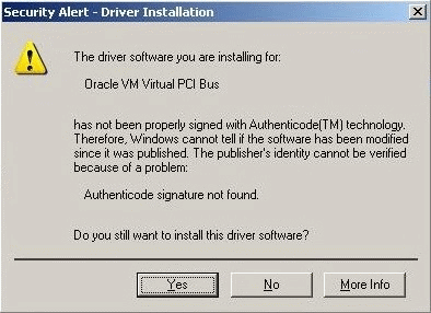 This figure shows the first screen on the unsigned driver security alert dialog.