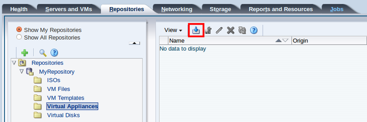 This figure shows the Import Virtual Appliance icon in the Repositories tab.