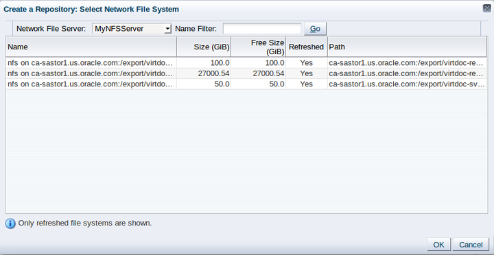 This figure shows the Create a Data Repository: Select Network File System dialog box.