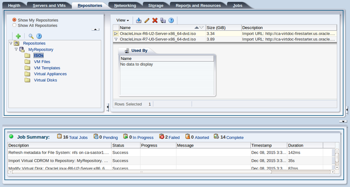This figure shows the Repositories tab with the ISOs folder selected, and the imported ISO file displayed in the management pane.
