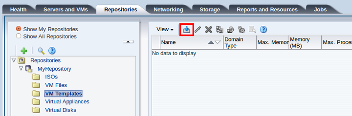 This figure shows the Import VM Template icon in the Repositories tab.