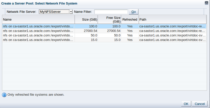 This figure shows the Create a Server Pool: Select Network File System dialog box.