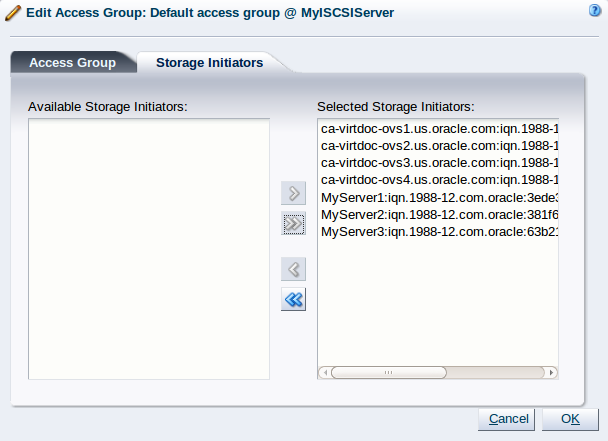 This figure shows the Storage Initiators tab in the Edit Access Group dialog box.