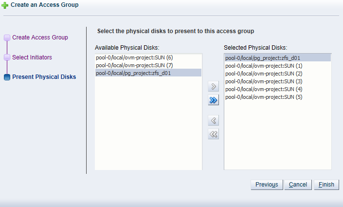 This figure shows the Present Physical Disks dialog in the Create Access Group wizard.