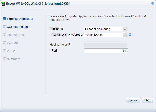 This figure shows the Export Virtual Machine(s) to Oracle Cloud Infrastructure guided navigation box.