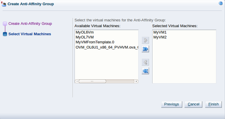 This figure shows the Select Virtual Machines step of the Create Anti-Affinity Group wizard.