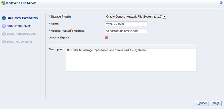 This figure shows the File Server Parameters step of the Discover a File Server wizard.