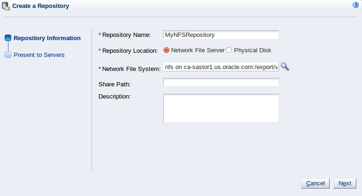 This figure shows the Repository Information step with the Network File Server option selected in the Create a Repository wizard.