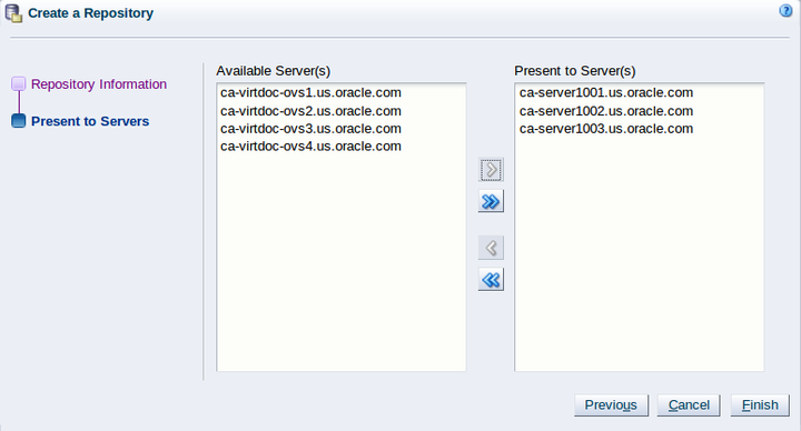 This figure shows the Present to Servers step of the Create a Repository wizard.